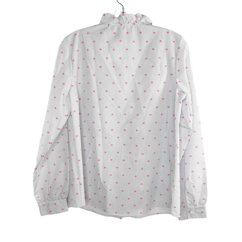 Long Sleeve Cotton Button Up Blouse White Gray Pinstripe Heart Ruffle Small - Picture 8 of 10